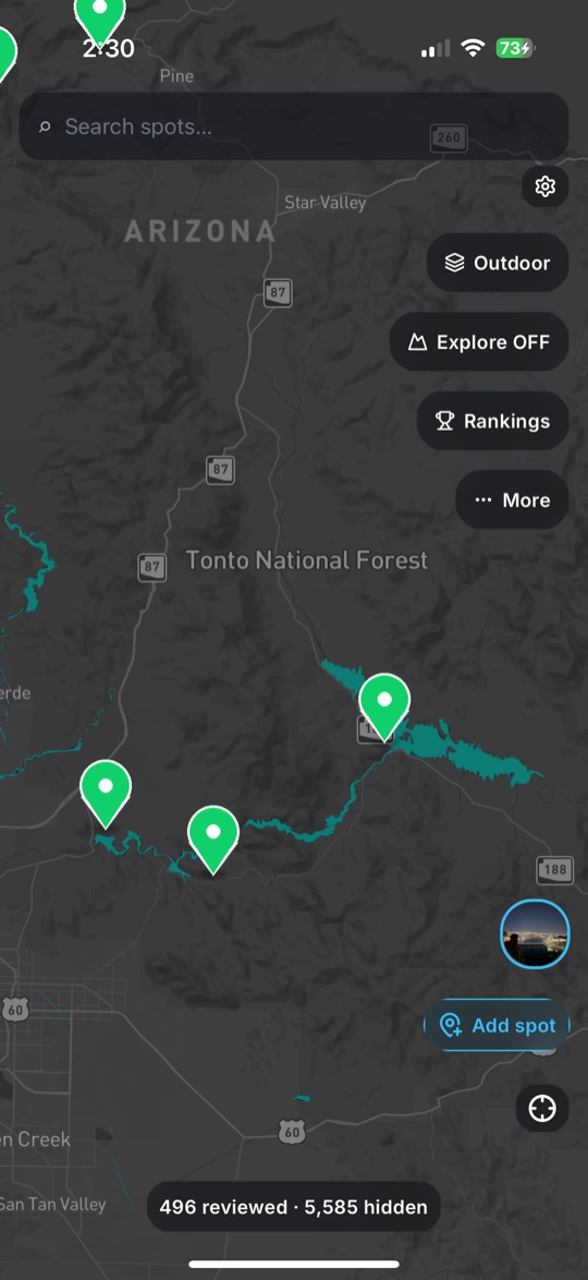 The CliffScout app showing cliff jumping spots on a map of Arizona